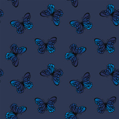 Seamless pattern with funny colorful Butterflies, flowers. Color flat vector illustration for invitation, poster, card, textile, fabric. Butterfly graphic design print. Trendy animal motif wallpaper