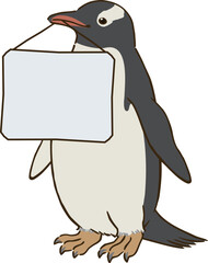 メッセージボードを持つジェンツーペンギン