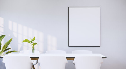 Home interior, modern dining room interior, gray empty wall mockup, 3d render