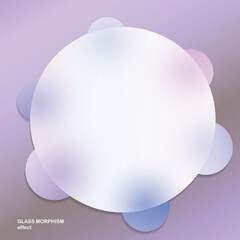 Modern background with glass morphism vector effect. Transparent glass card design. Glassmorphism trend style. Abstract banner with colored, white circles with blur and shadows. Vector illustration