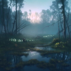 mysterious foggy swamp