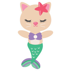 Cute mermaid cat vector cartoon illustration