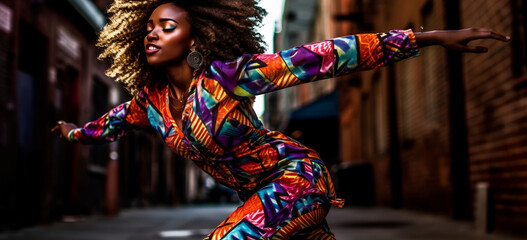 Young afroamerican woman dancing on the street in colorful jumpsuit. Image Generative AI.
