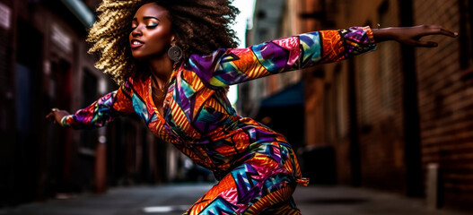 Young afroamerican woman dancing on the street in colorful jumpsuit. Image Generative AI.