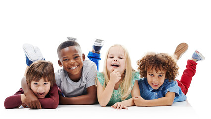 Diversity, children and happy friends or fun on the floor together or against a white background...