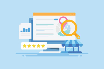 Local business ranking more visible to search engine page, Shop location map navigation, rating and SEO optimization marketing strategy, vector illustration web banner.  - obrazy, fototapety, plakaty
