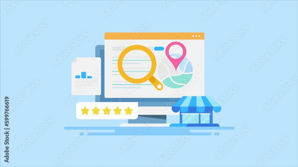 Poster search engine display local shop business location map and contextual link, digital marketing seo op