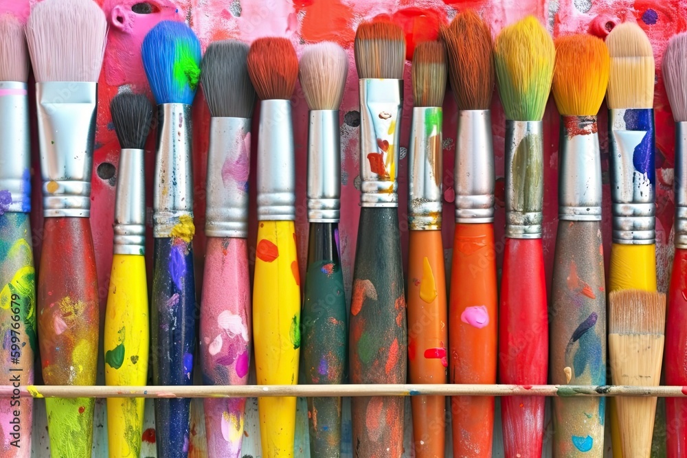 Poster colorful array of paint brushes on a shelf generative ai