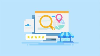 Search engine display local shop business location map and contextual link, Digital marketing SEO optimization video animation.