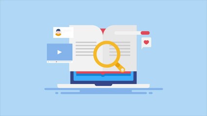 Online education digital learning ebook on laptop screen, video webinar online course tutorial on internet, animation concept.