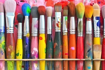 Fototapeta premium Colorful Array of Paint Brushes on a Shelf Generative AI