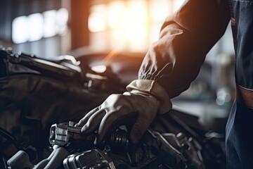 Car mechanic wearing gloves using wrench while working on car, Car auto services and maintenance check concept
