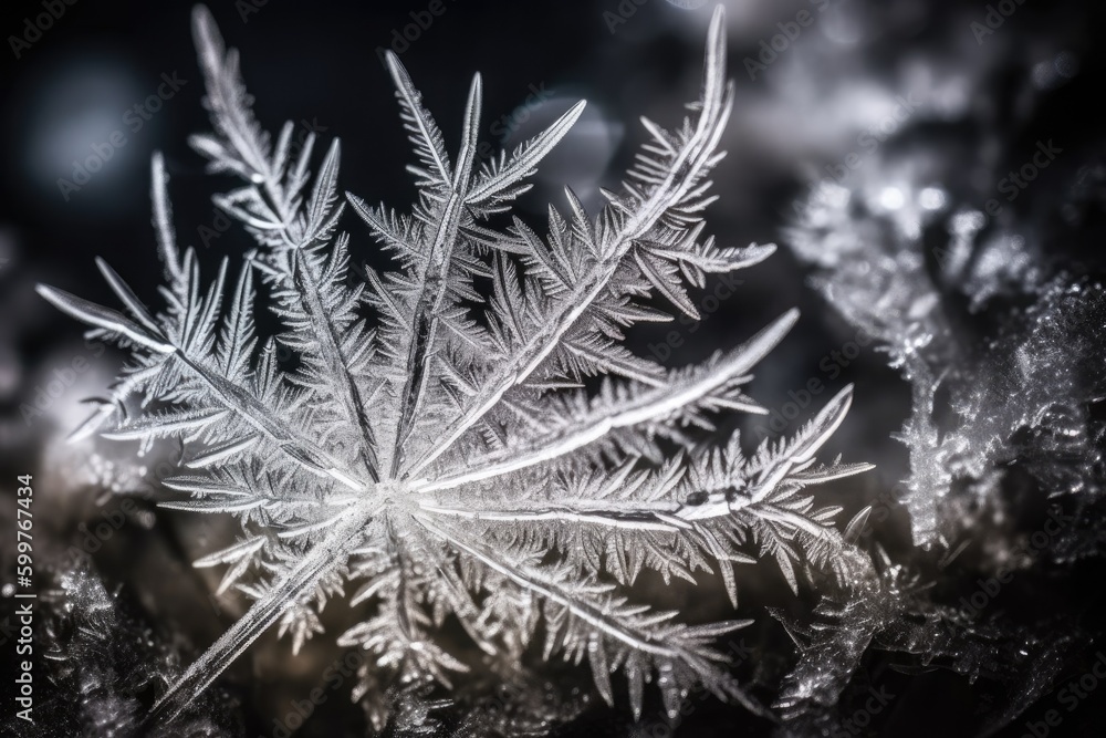 Aufkleber macro shot of a snowflake on a black background generative ai