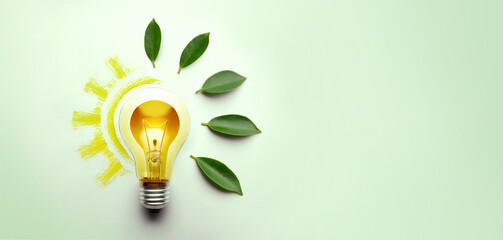 Green Energy Concepts. Wireless Light Bulb surrounded by Green Leaf form as Sign of Lights On. Carbon Neutral and Emission ,ESG for Clean Energy. Sustainable Resources, Renewable and Environmental - obrazy, fototapety, plakaty