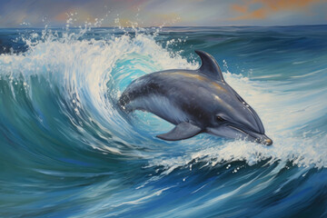 A dolphin swimming in the ocean, portrayed in a acrylic painting. Generative AI