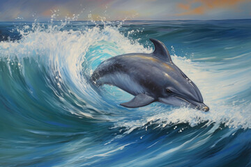 Obraz premium A dolphin swimming in the ocean, portrayed in a acrylic painting. Generative AI