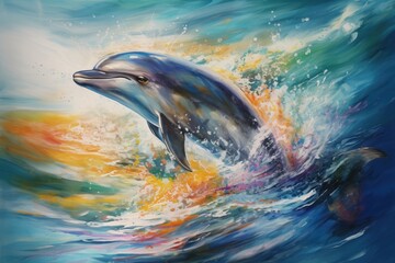 A dolphin swimming in the ocean, portrayed in a acrylic painting. Generative AI