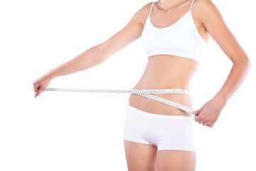 Hands, measuring tape and woman in studio for weight loss, fitness for wellness, health and white...