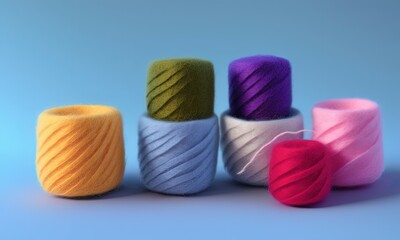Five colorful yarn reels on a blue tabl