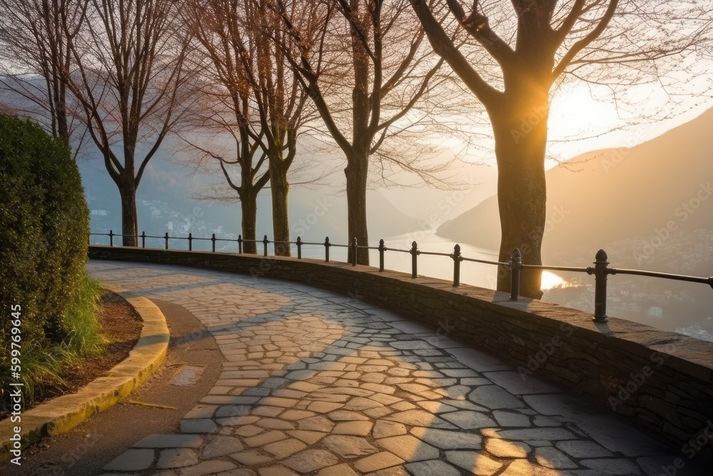 Poster scenic cobblestone path surrounded by trees and a peaceful lake in the background generative ai