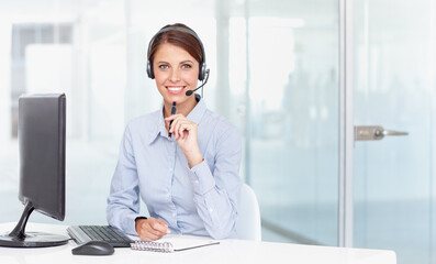 Business woman, call center and smile in customer service, support or telemarketing at office. Portrait of happy female consultant agent smiling for online advice, advisory or help desk at workplace