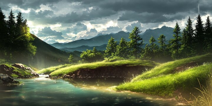Serene Mountain Stream in a Green Valley