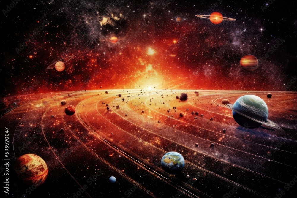 Poster cosmic landscape with planets and stars in the background generative ai