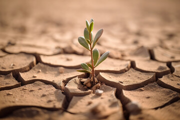 Little plant on crack dry ground, drought. Generative AI.