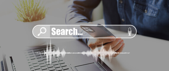 Data Search Technology Search Engine Optimization. man's hands are using a computer keyboard to...