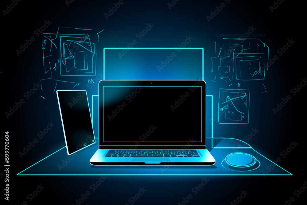 Aufkleber neon computer with a blank screen and a desk in a dark room with blue lighting. technological backgr