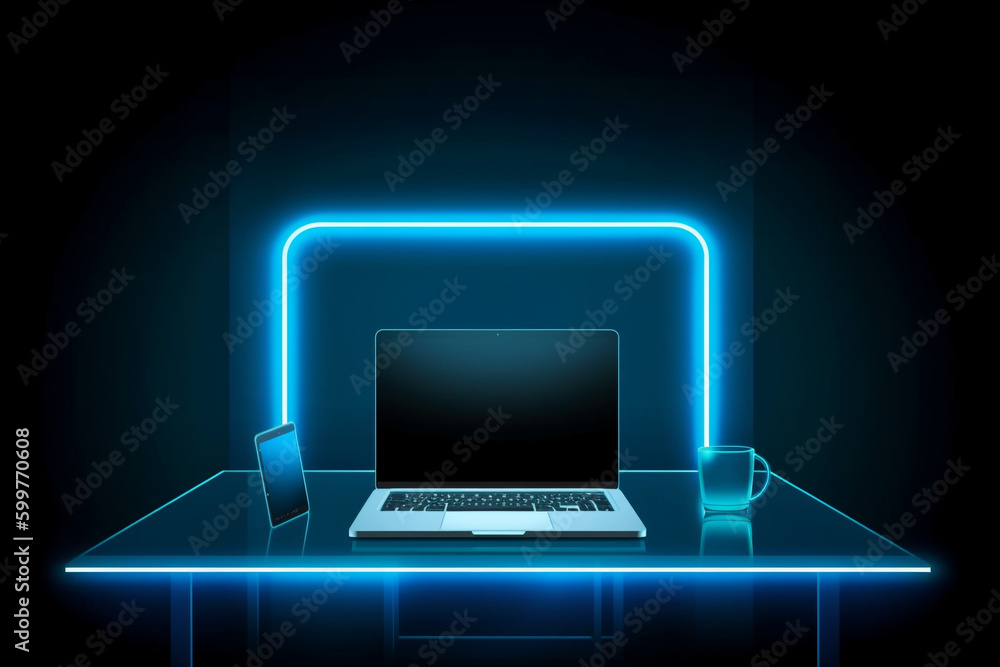 Poster portable neon computer with a blank screen and a desk in a dark room with blue lighting. technologic