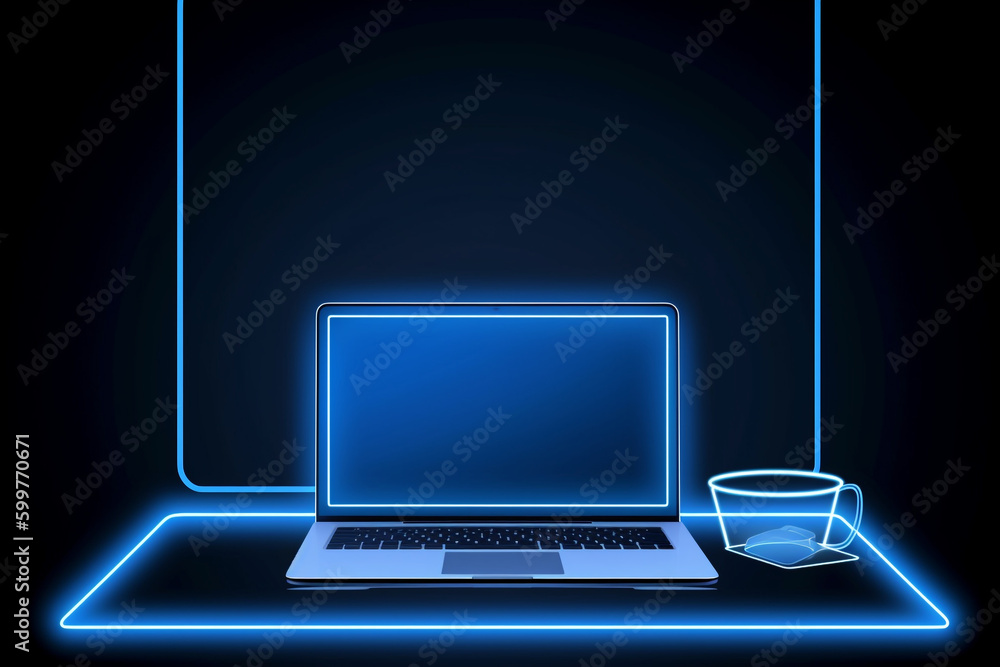 Aufkleber a portable neon computer with a blank screen and a desk in a dark room with blue lighting. technolog