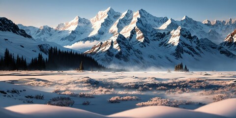Snowy Mountain Range with Trees and Fog