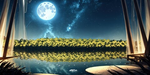 Serene Nighttime Scene with a Full Moon and Reflecting Water