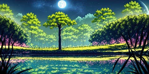 Serene Nighttime Scene with a Lone Tree and River