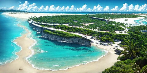 Tropical Paradise: Beach Scene with Palm Trees, Boats, and Blue Lagoon