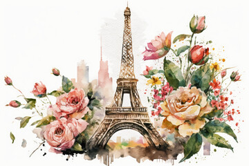 Eiffel Tower with rose flowers watercolor illustration made with Generative AI.