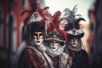 Three people are dressed for the Carnival in Venice,Italy - Generative AI - obrazy, fototapety, plakaty