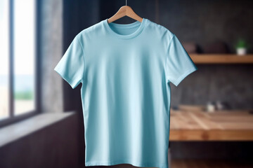 Blue t-shirt mockup. Foreground. Blank polo mockup design. Background blur