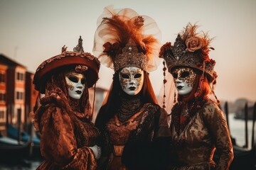 Three people are dressed for the Carnival in Venice,Italy - Generative AI - obrazy, fototapety, plakaty