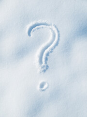 Question mark drawing in snow, winter and sign, icon or symbol outdoor with punctuation. Grammar,...