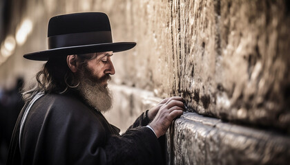 A Hasidim jew praying on the Western Wall in Jerusalem, generative ai
