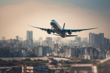 Fototapeta na wymiar Passengers airplane flying above a city. Generative AI.
