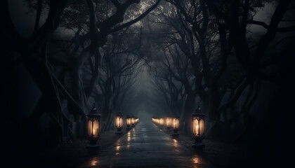 Black creepy Candlelight along dark road with tree side by side, generative ai