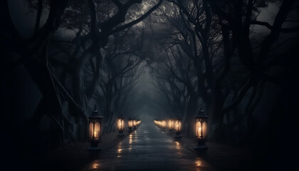 Fototapeta premium Black creepy Candlelight along dark road with tree side by side, generative ai