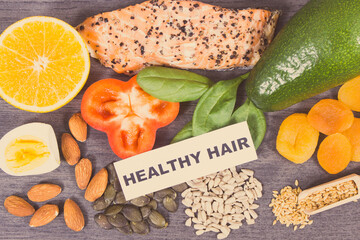 Various nutritious products or ingredients containing vitamins and minerals for healthy and lush...
