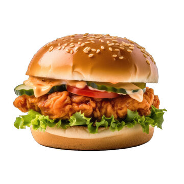 Chicken Burger Sandwich Isolated on Transparent Background - Generative AI
