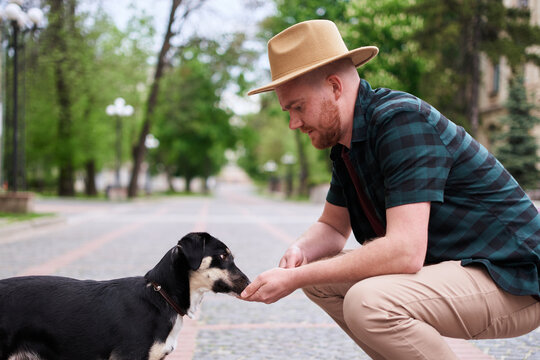 Happy young man in hat hugging his rescued dog looking at the camera outdoors. Dog from the shelter found new home High quality photo