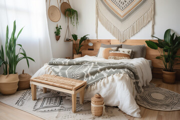 Bohemian Nordic Bedroom with Textured Blanket and Macrame Wall Hanging, Generative AI