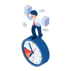 Isometric Businessman Balancing with Stack of Paperwork on Clock